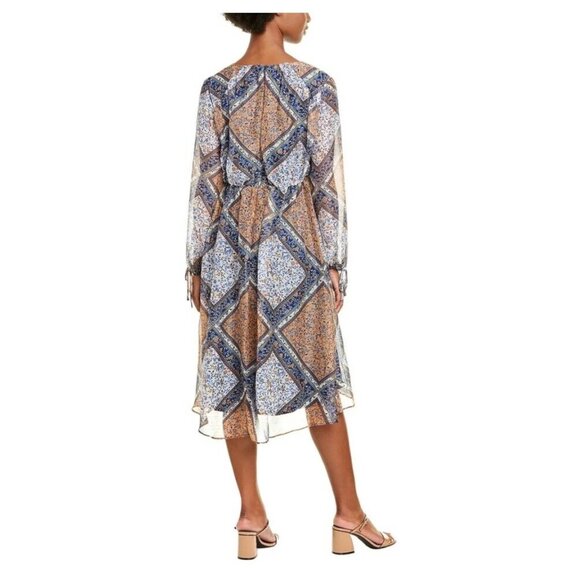 NWOT Just Taylor Navy Patterned Chiffon Cuffed Sleeve V Neck Midi Hi-Lo Dress 10 - Picture 2 of 4